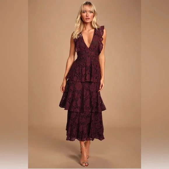 Lulus | Dresses | Euc Molinetto Burgundy Lace Ruffled Tiered Sleeveless  Maxi Dress Medium | Poshmark